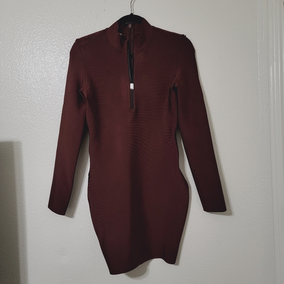 House of CB Marron Long Sleeve Bodycon Pencil Dress Smooth Spandex Size Large - Picture 2 of 15